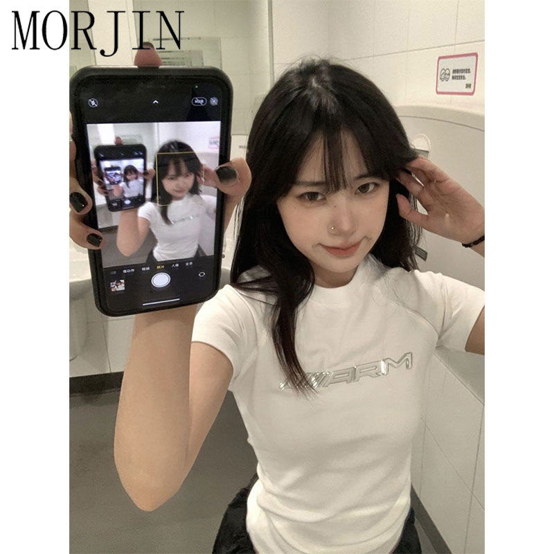 MORJIN American retro design sense shoulder short-sleeved t-shirt women's summer new slim fit hot girl short top