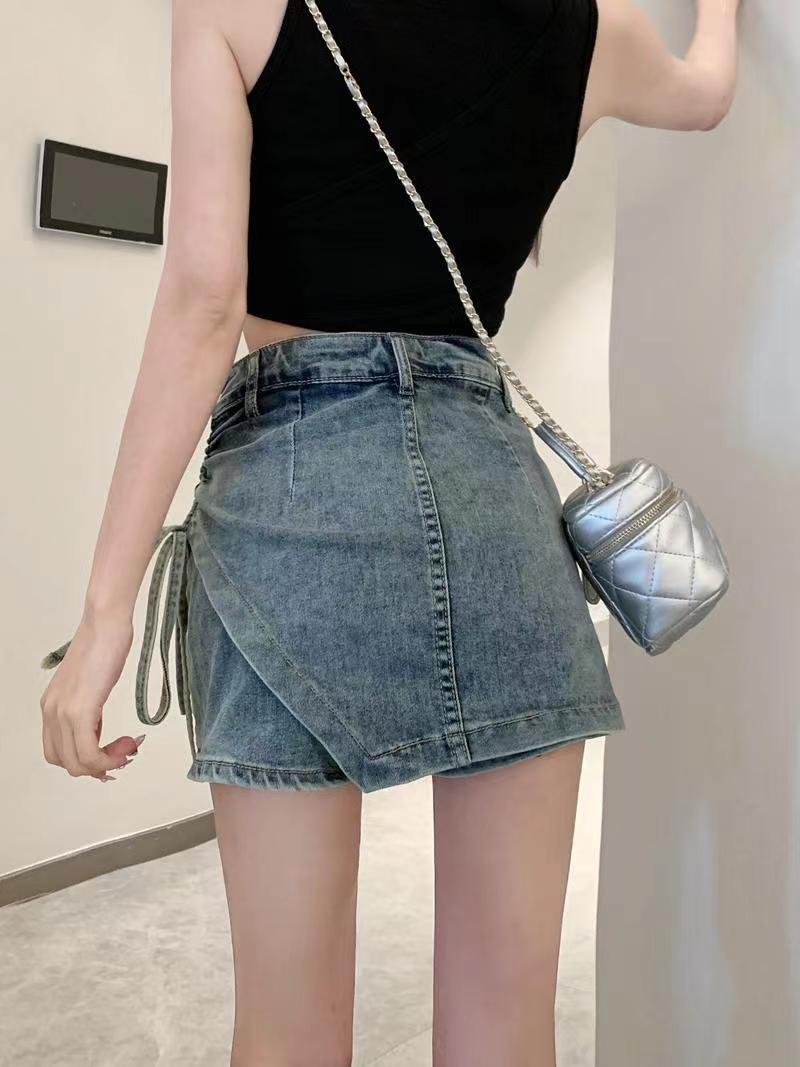American hot girl design sense denim skirt women's summer side drawstring high waist irregular elastic bag hip culottes