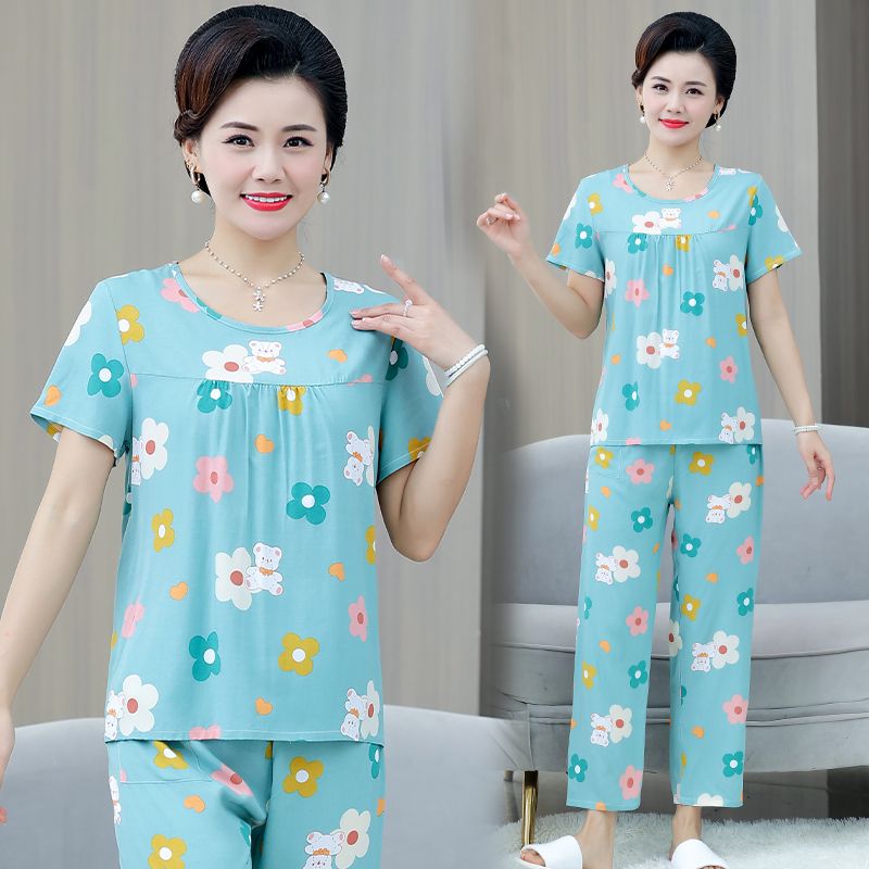 Short-sleeved trousers, cotton silk pajamas, women's summer air-conditioning home service, thin artificial cotton mother's pajamas, loose large size suit