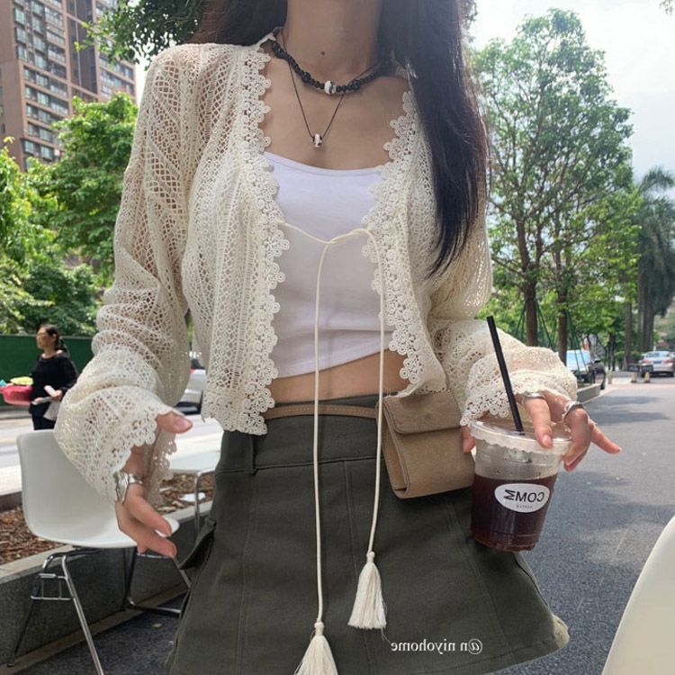 French small waistcoat shawl summer with suspender skirt and blouse ice silk thin knitted sun protection cardigan jacket for women