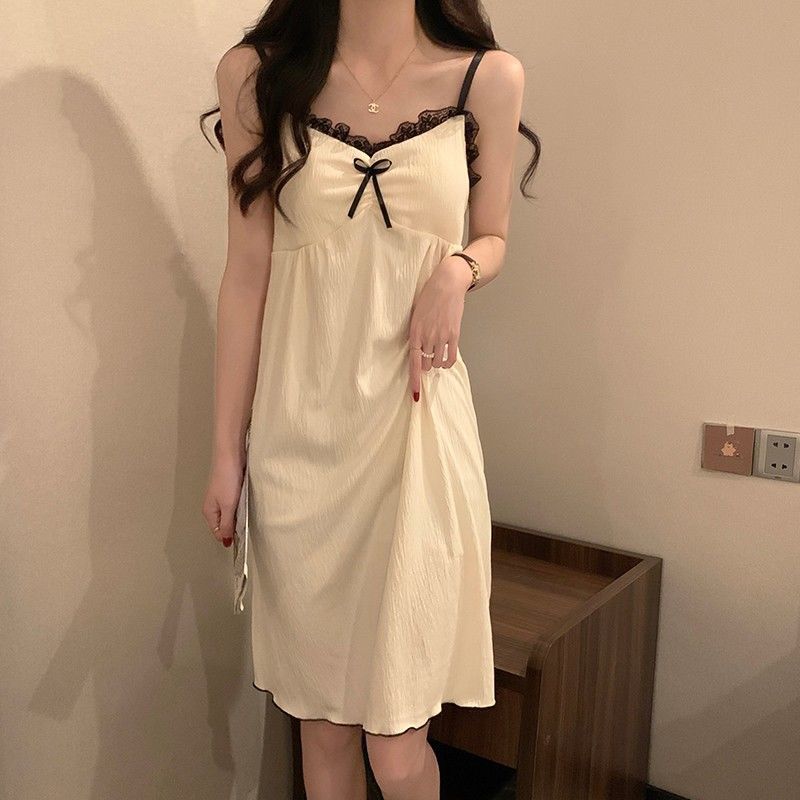 Suspender nightdress summer season student ins wind belt cotton pad sweet and cute pajamas female lace home service can go out