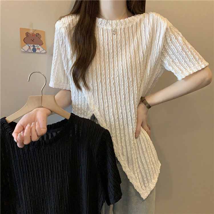 Large size slightly fat front shoulder short-sleeved T-shirt women's 2023 new summer casual all-match irregular belly-covering thin top