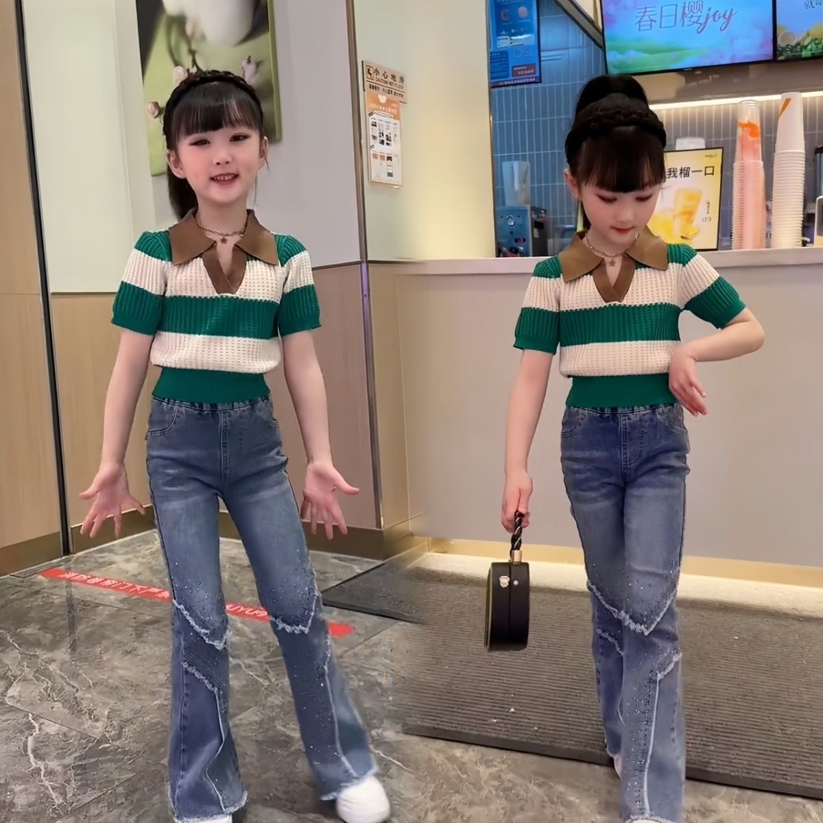 女童夏季短袖套装韩版时髦条纹polo衫中大童洋气牛仔喇叭裤两件套