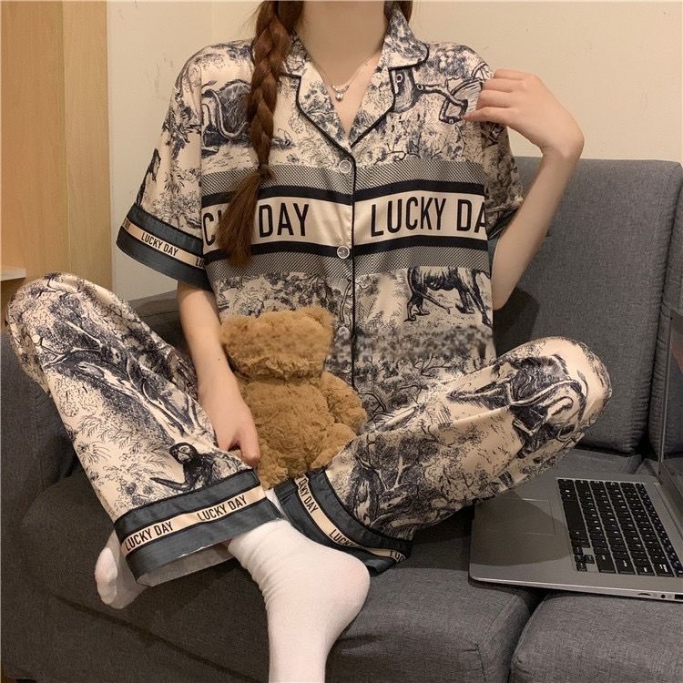 High-grade ice silk short-sleeved couple pajamas women's summer three-piece ink painting men's trousers loose home clothes summer
