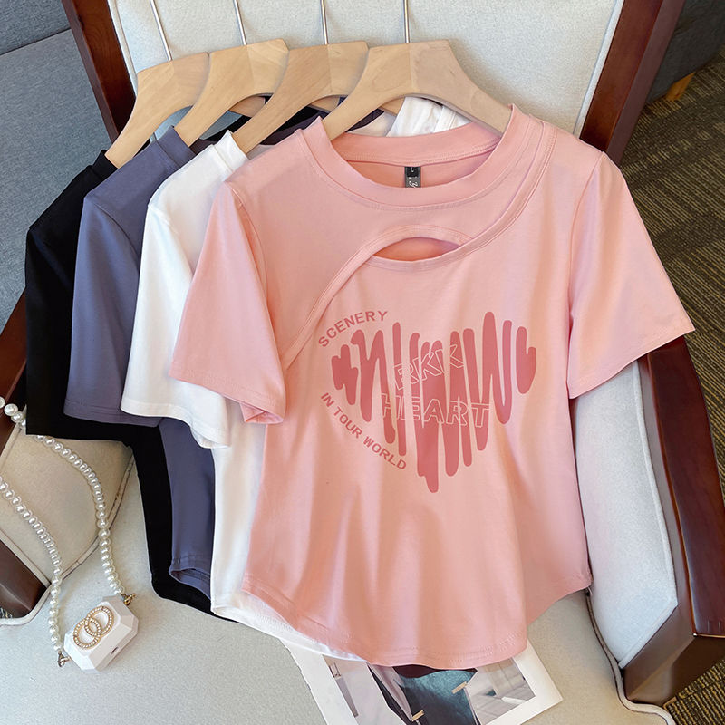 Large size hollow out front shoulder short-sleeved t-shirt women's summer new fat MM slimming cover belly irregular short top tide