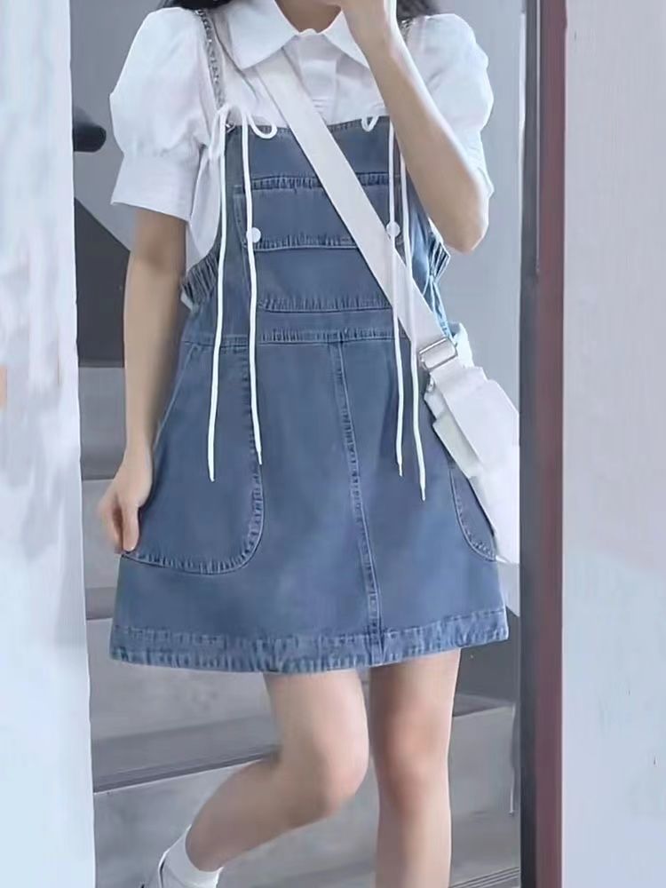 兩件套日系學院風減齡顯瘦簡約牛仔吊帶裙女學生+百搭設計感襯衫