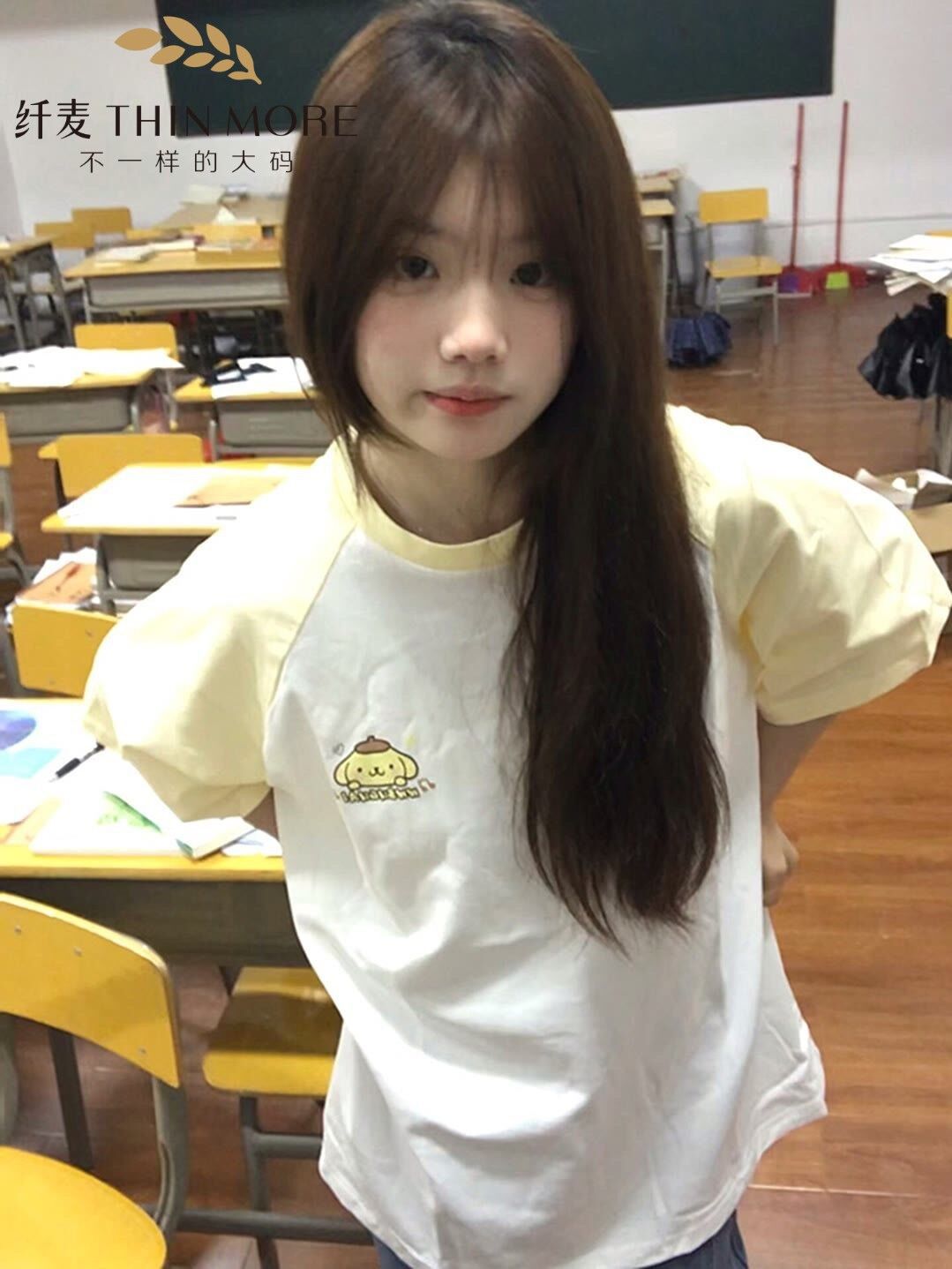 杏色插肩可愛卡通動漫情侶短袖t恤女2023夏季新款寬鬆顯瘦ins上衣