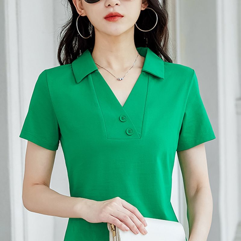 高檔純棉短袖t恤女夏裝新款有領設計感漂亮小衫V領正肩翻領上衣潮