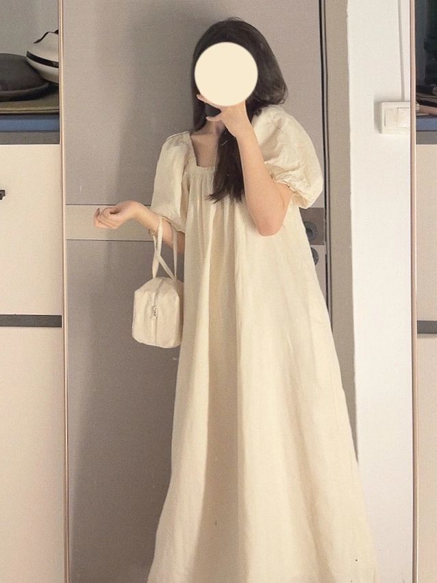 French Square Neck Puff Sleeve Dress Pajamas Women Summer Gentle Loose Thin Short Sleeve White Dress Nightdress Summer