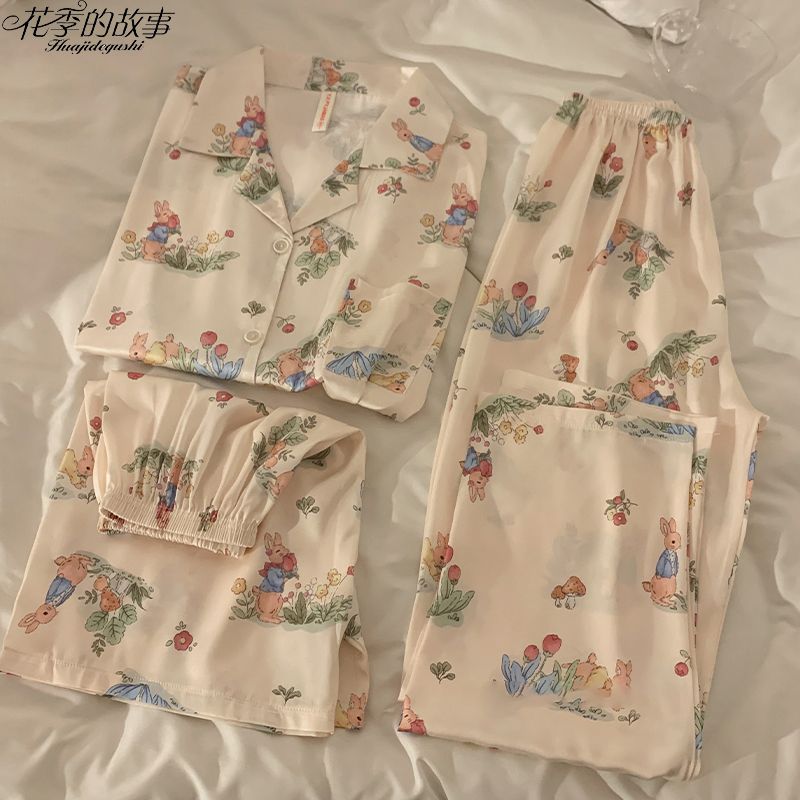 花季的故事睡衣女夏季短袖冰絲薄款卡通兔子韓系ins家居服三件套