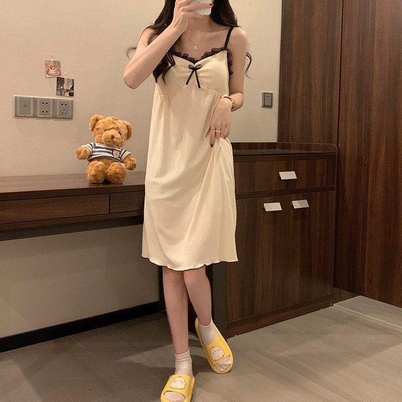 Suspender nightdress summer season student ins wind belt cotton pad sweet and cute pajamas female lace home service can go out