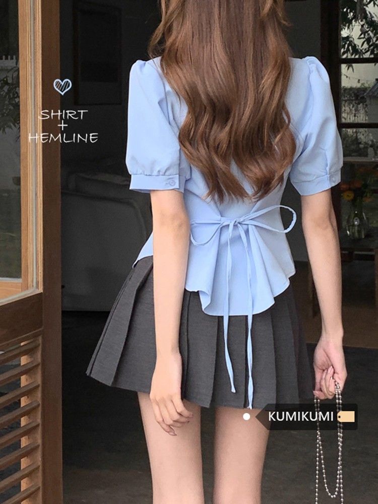 Waist design college style lapel puff sleeves lace-up shirt women's summer high waist skirt pleated skirt two-piece set