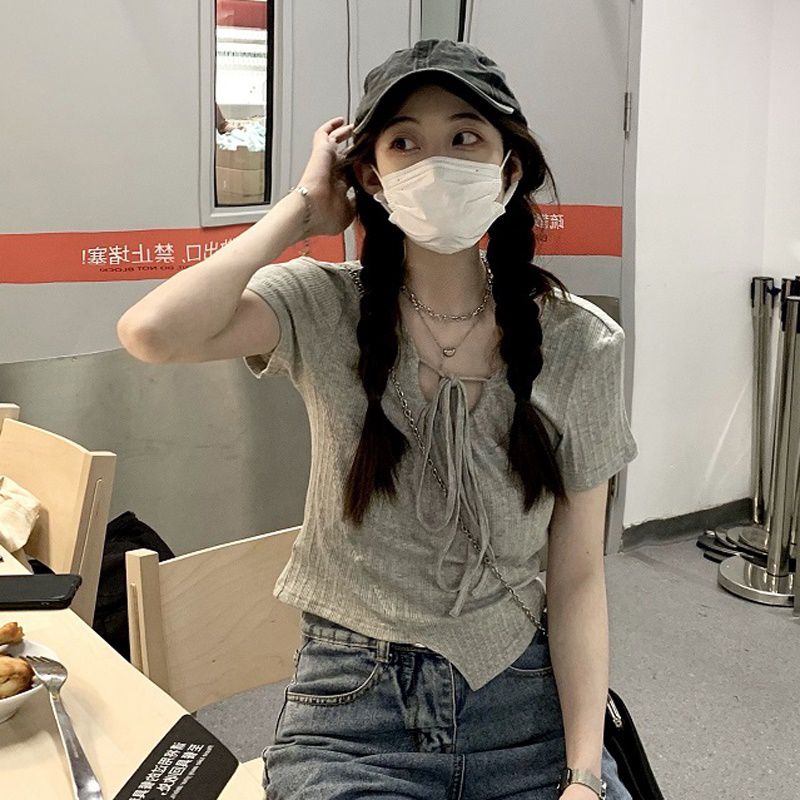 辣妹設計感綁帶不規則上衣女大碼胖mm小衫短款chic港味短袖t恤夏