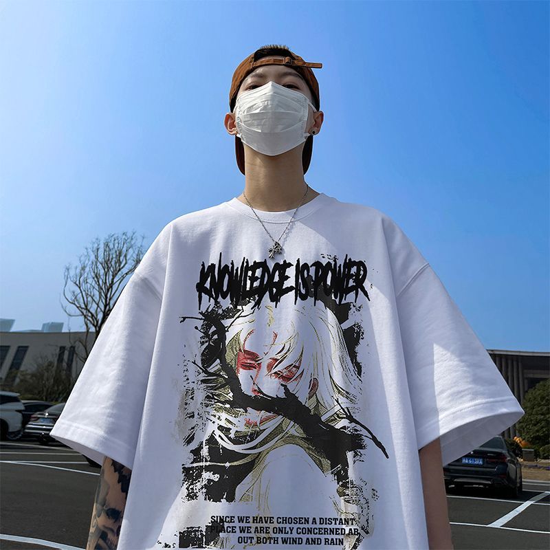 美式潮牌短袖男士t恤潮流寬鬆夏季五分袖高街印花體恤ins嘻哈半袖