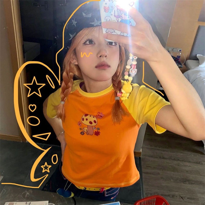 100% cotton raglan sleeves small mushroom short-sleeved t-shirt female summer student small short loose INS top tide