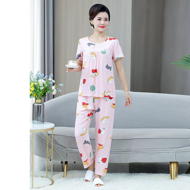Short-sleeved trousers, cotton silk pajamas, women's summer air-conditioning home service, thin artificial cotton mother's pajamas, loose large size suit