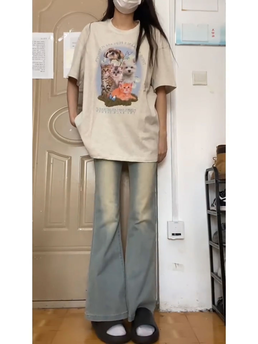 港風水洗做舊微喇叭牛仔褲女夏季高腰復古顯瘦修身闊腿褲子ins潮