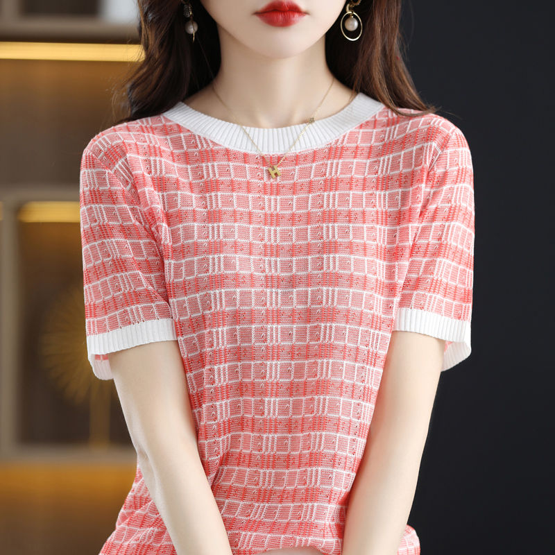 Hollow short-sleeved t-shirt women 2023 summer new ice silk t-shirt retro round neck slim slim half-sleeved top women