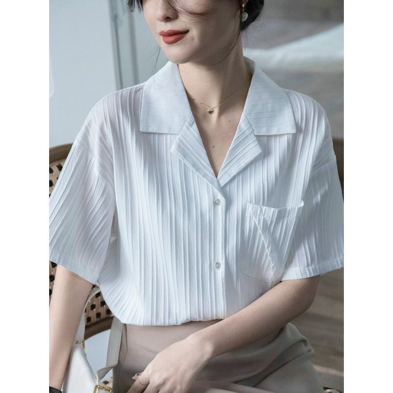 格瑞吉奥白色西装领短袖衬衫女设计感小众夏季宽松百搭气质衬衣潮