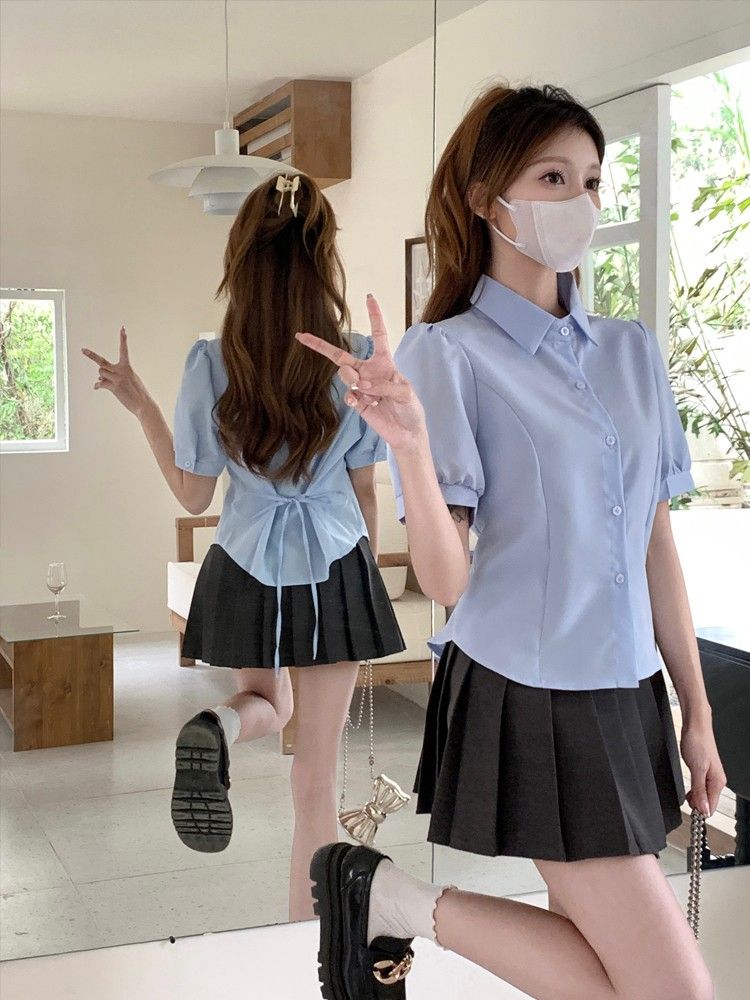 Waist design college style lapel puff sleeves lace-up shirt women's summer high waist skirt pleated skirt two-piece set