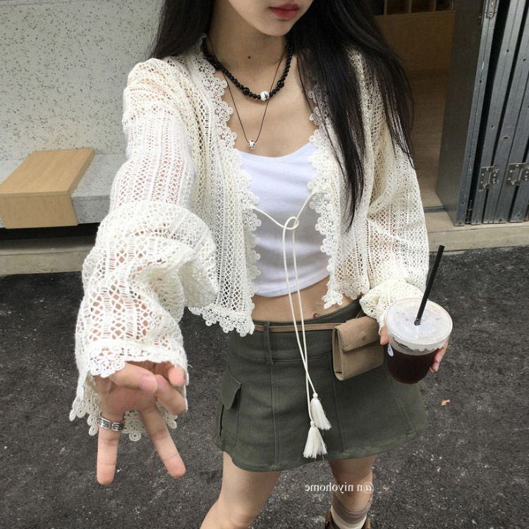 French small waistcoat shawl summer with suspender skirt and blouse ice silk thin knitted sun protection cardigan jacket for women