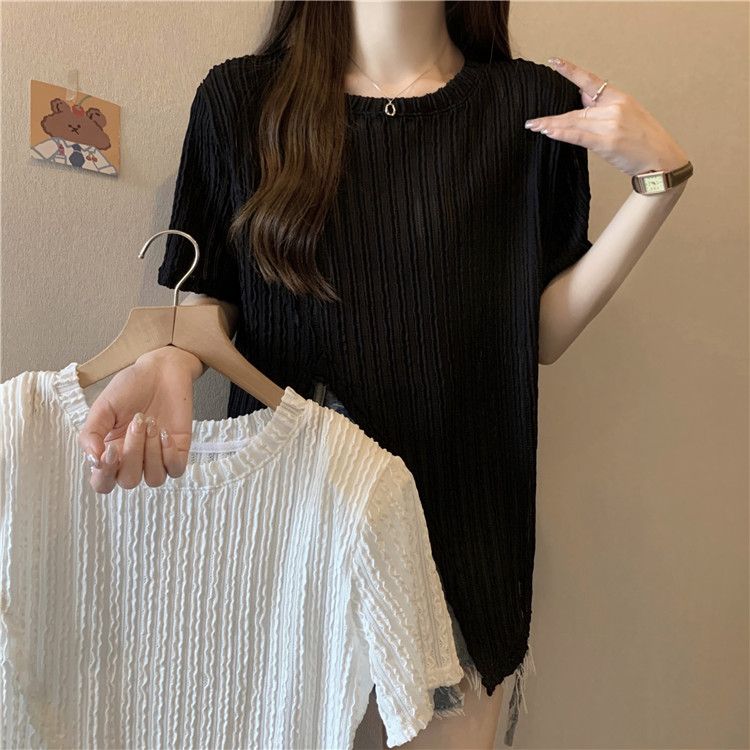 Large size slightly fat front shoulder short-sleeved T-shirt women's 2023 new summer casual all-match irregular belly-covering thin top