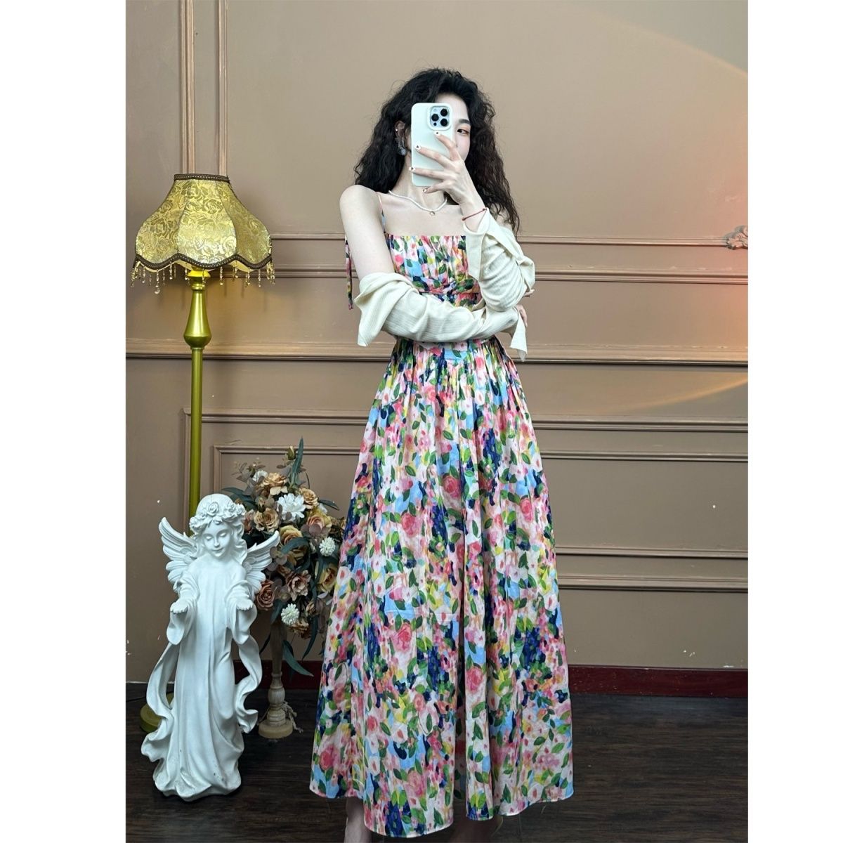 Mrs. Shaw [Summer Colorful] Colorful Floral Suspender Dress Summer French Tea Break Seaside Vacation Fairy Dress