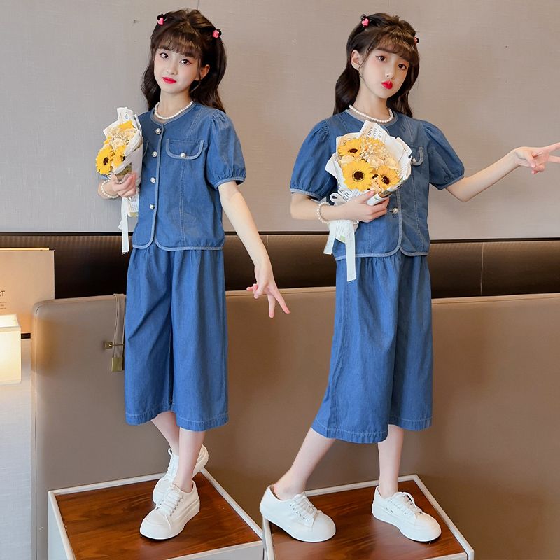 童裝女童夏季套裝2023新款韓版女童牛仔套裝夏裝時髦女運動兩件套
