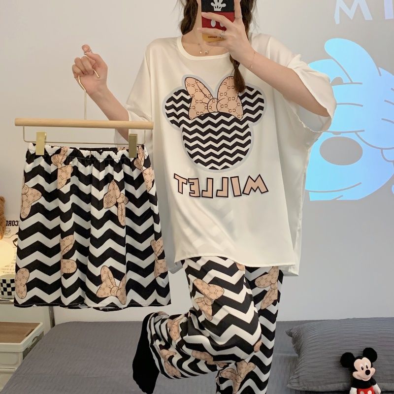 [Three-piece set] pajamas women's short-sleeved thin section cartoon sweet high-end silk home service three-piece summer suit