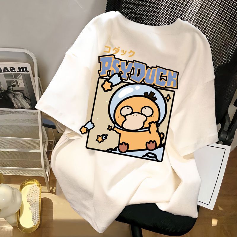 Heavy 100% cotton white cartoon printed short-sleeved T-shirt for men and women summer student trendy loose retro top