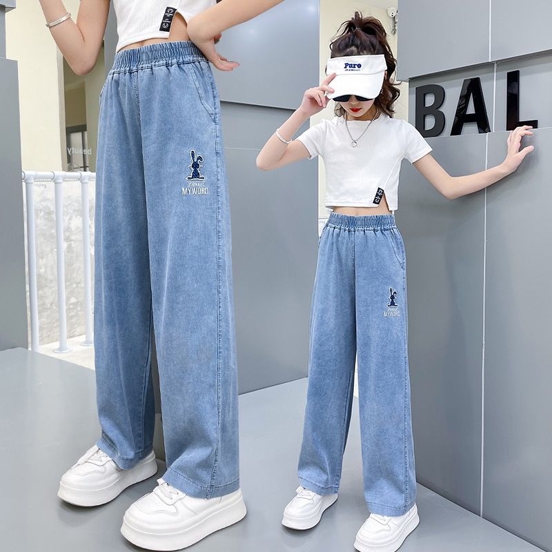女童冰絲闊腿褲夏季新款女孩大童直筒天絲牛仔褲兒童褲子夏裝薄款