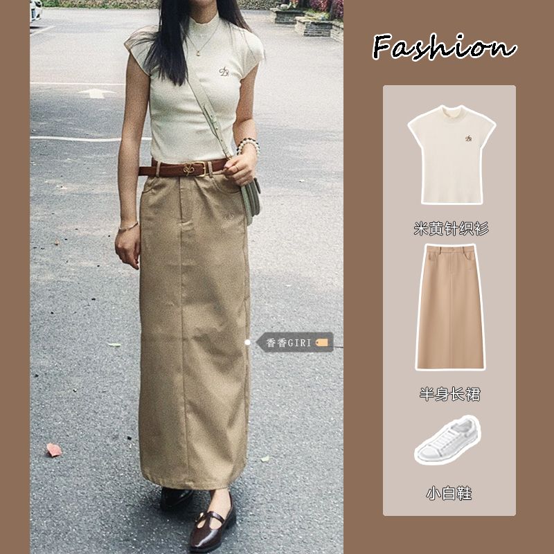 港風圓領短袖針織衫上衣套裝女夏季高腰卡其半身裙修身半高領t恤