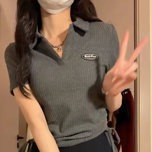 純欲風polo領短上衣夏美式復古正肩翻領抽繩修身短款t恤辣妹小衫