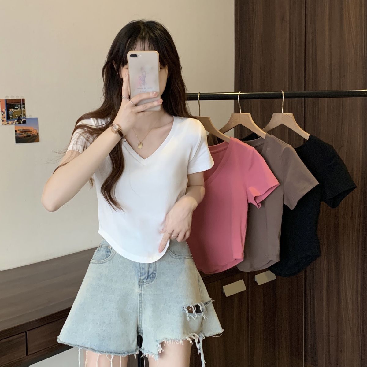 High-quality white t-shirt women's summer dress 2023 new irregular solid color V-neck slim fit thin all-match top women's fashion