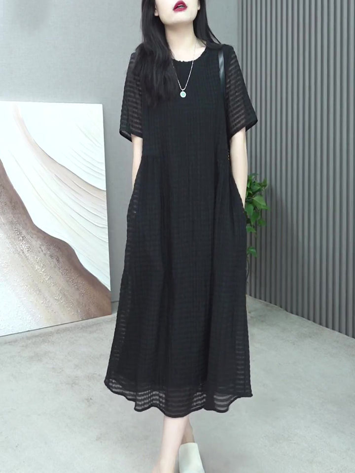 高檔洋氣提花連衣裙女2023夏裝新款大碼顯瘦寬鬆遮肚子氣質中長裙