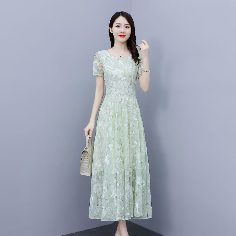 雪紡連衣裙女2023新款夏季時尚洋氣遮肉顯瘦長款過膝繡花大擺裙子