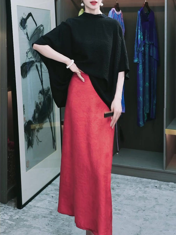 文藝復古提花套裝女2023夏裝新款原創黑色上衣+提花半身裙兩件套