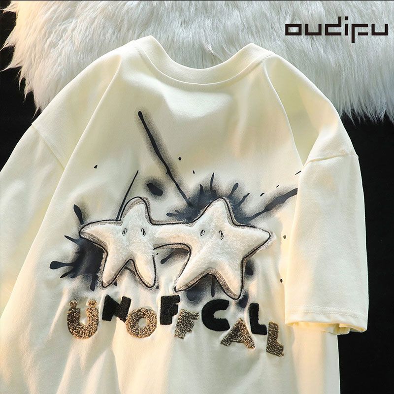 OUDIFU pure cotton 100% Hong Kong style Japanese style 2023 summer new loose couple 240G short-sleeved T-shirt female top