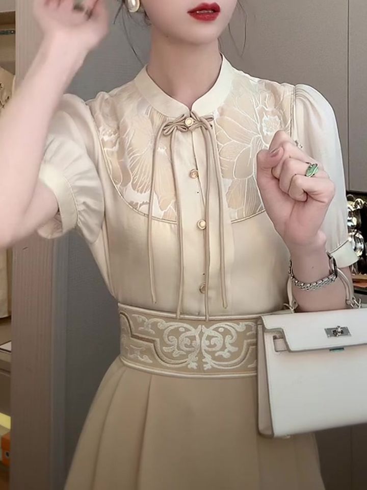 文藝復古繡花套裝女2023夏季新中式收腰顯瘦減齡氣質刺繡兩件套裝