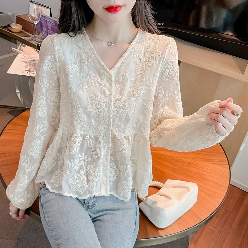 蕾絲刺繡襯衫女春裝2023新款甜美漂亮打底衫寬鬆顯瘦長袖開衫上衣
