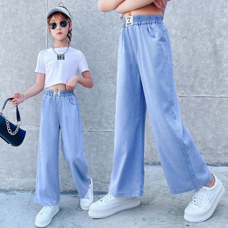 Girls Pants Summer 2023 New Children's Straight Wide Leg Anti-mosquito Pants Big Children Thin Tencel Jeans Summer Wear