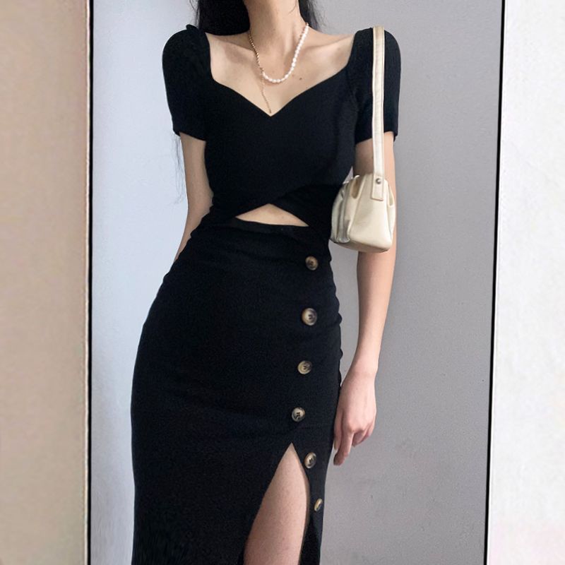 純欲風設計感辣妹御姐黑色短袖開叉包臀連衣裙女收腰顯瘦中長裙子