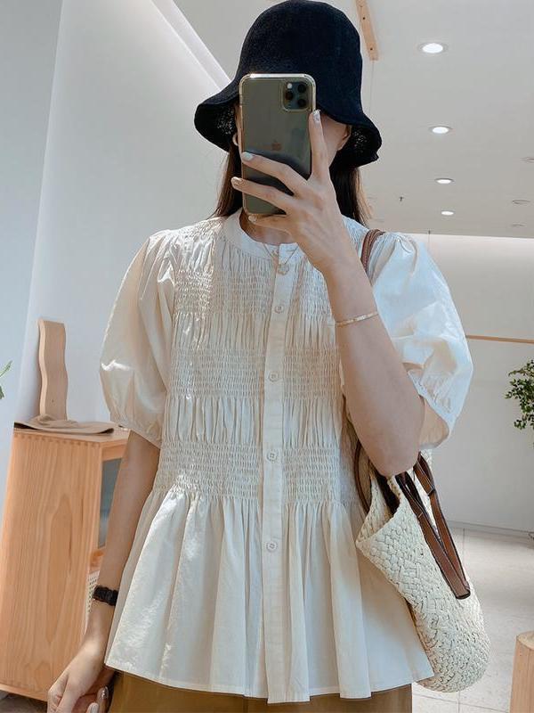 100%棉短袖襯衫女夏新款2023爆款寬鬆顯瘦襯衣法式歐貨泡泡袖上衣