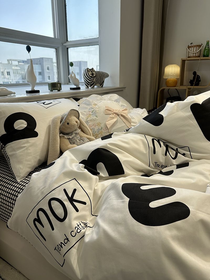 ins北欧简约字母100全棉床上四件套纯棉被套床单笠公寓宿舍三件套