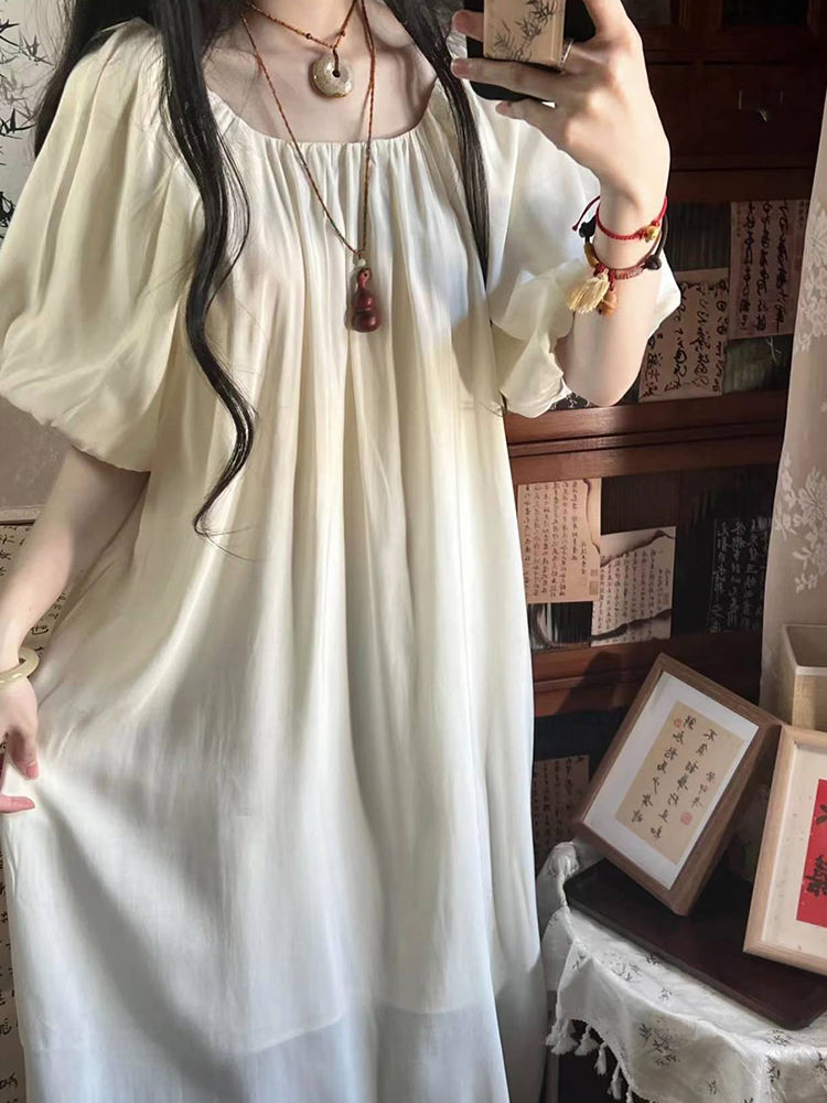 慵懶風禪意清冷感國風泡泡袖連衣裙女學生夏季新款顯瘦減齡中長裙