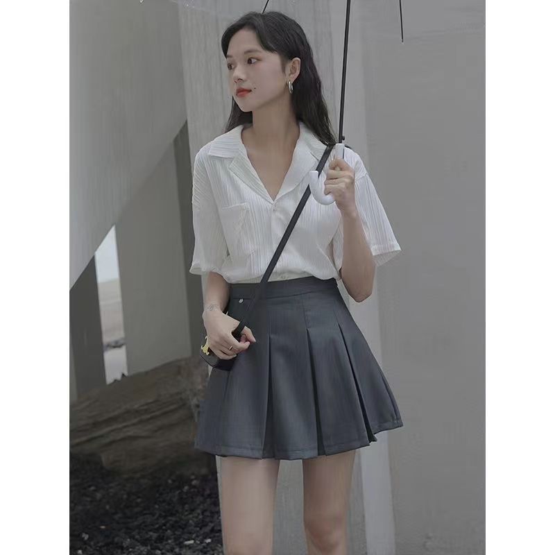 CONGRAZIO短袖襯衫女夏季設計感小眾修身顯瘦襯衣小個子高檔上衣