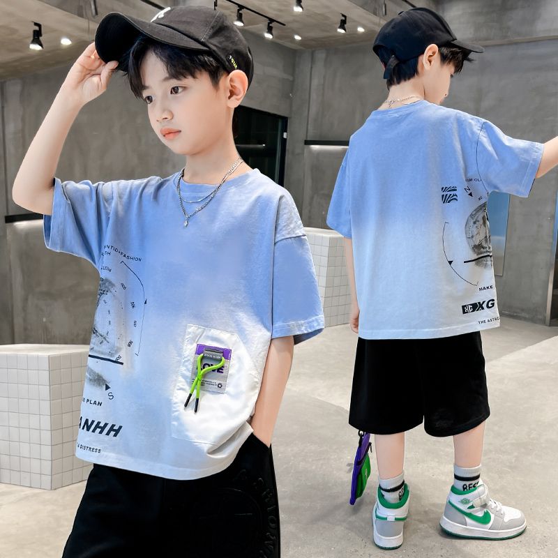 男童短袖T恤大童薄款夏季短袖上衣2023新款兒童夏裝男孩漸變衣服