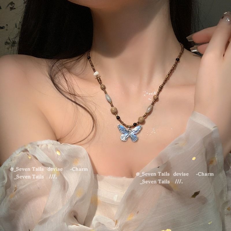 木與蝶~新中式串珠蝴蝶項鍊2023新款小眾設計感高級毛衣鏈女早春