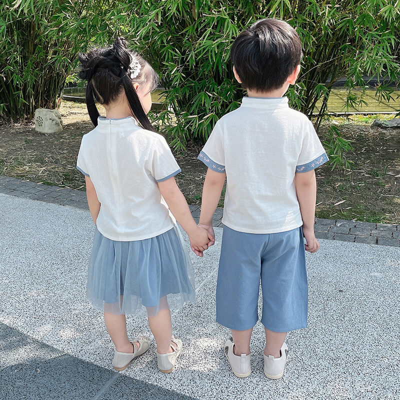 儿童男女童六一表演服夏装短袖兄妹装汉服套装中国风古装国学班服