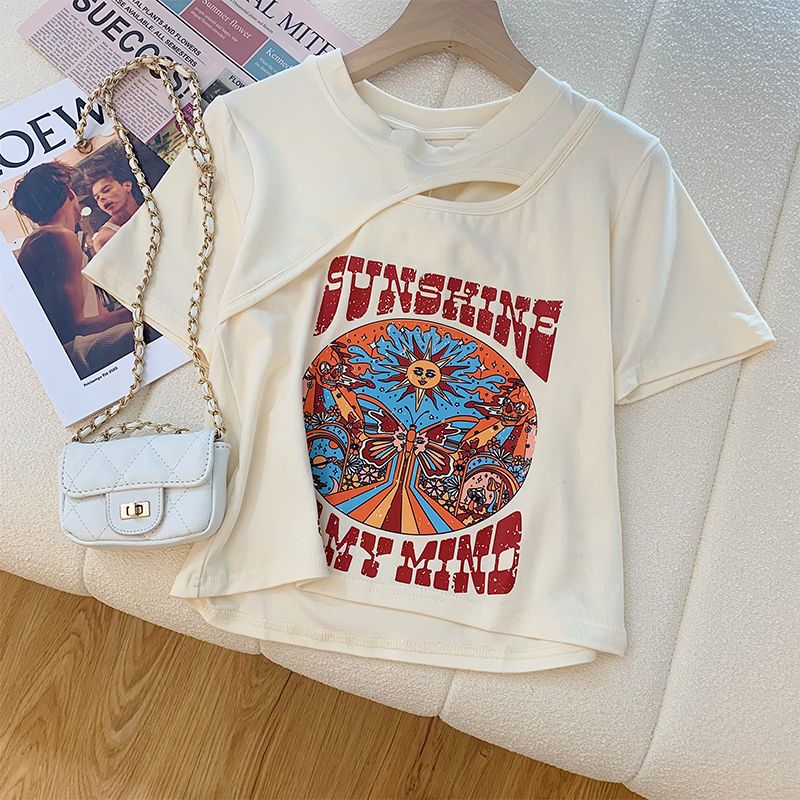 American retro printed short-sleeved shoulder T-shirt women's summer new niche chic unique sweet hot girl hollow top